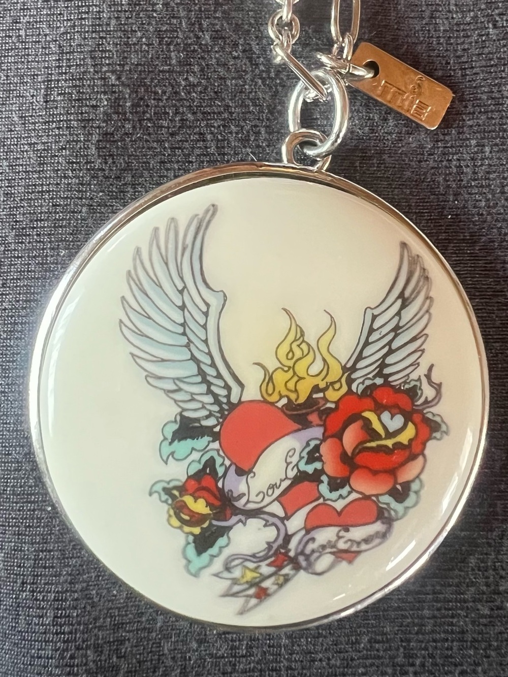 Mia Very Cool Tattoo Look, Porcelain Pendant, Silver Tone Necklace, good cond.